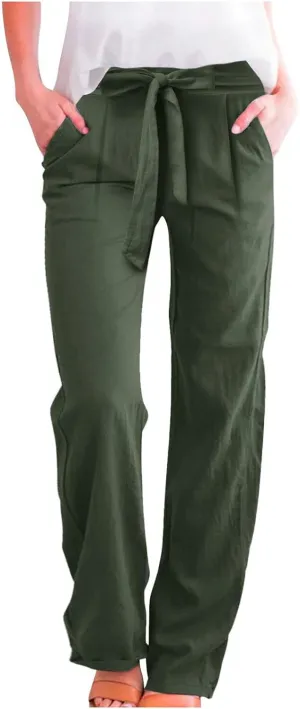 Women's Linen Summer Split Flowy Palazzo Lounge Pants Elastic Waisted Ankle Length Slim Fit Palazzo Lounge