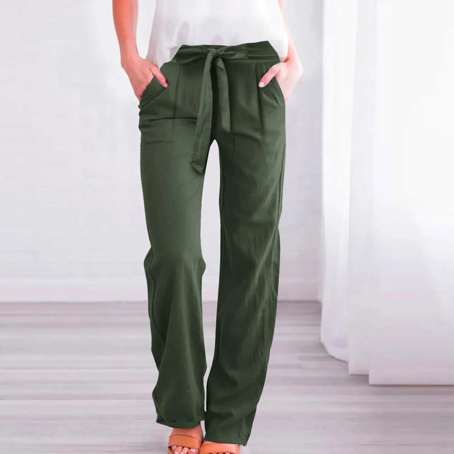 Women's Linen Summer Split Flowy Palazzo Lounge Pants Elastic Waisted Ankle Length Slim Fit Palazzo Lounge