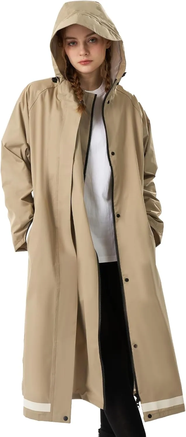 Womens Long Raincoat Ladies rain jackets waterproof with hood Travel Lightweight Windbreaker for Outdoor