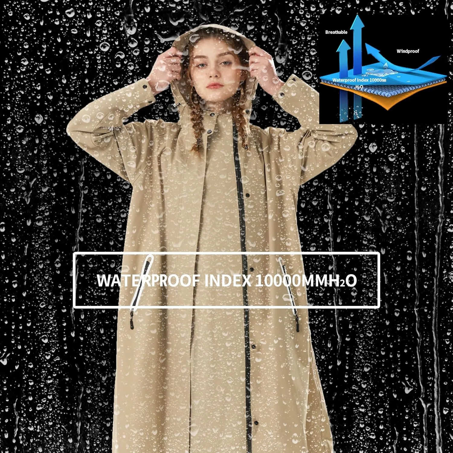 Womens Long Raincoat Ladies rain jackets waterproof with hood Travel Lightweight Windbreaker for Outdoor