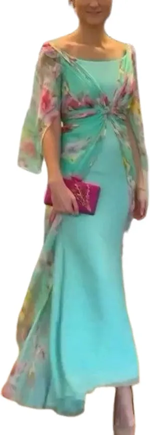 Women's Midi Dress Blue Print Round Neck Short Sleeve Fresh and Elegant 2025 Summer Spring Festival Party Dress
