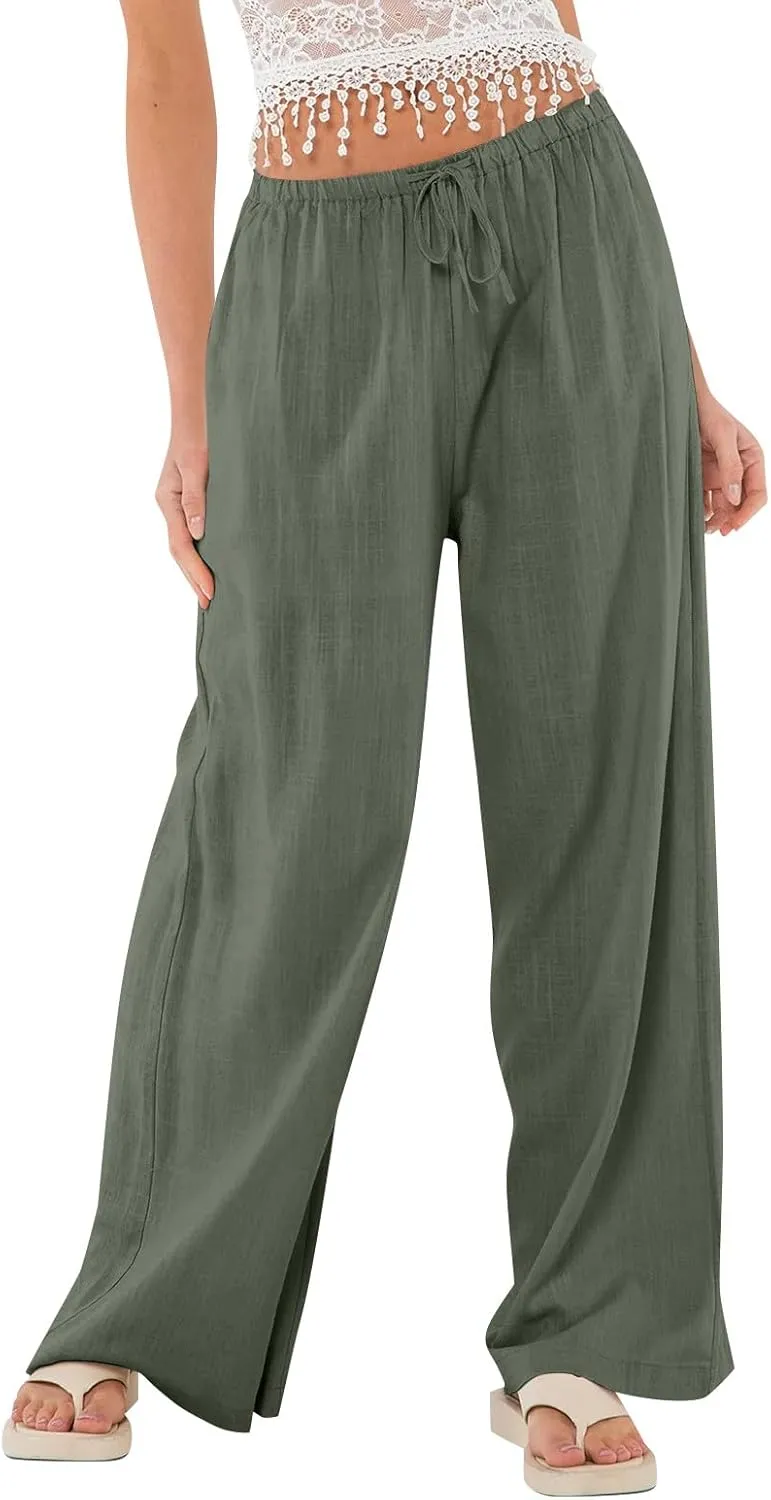 Womens Pants Wide Leg Linen Pants Drawstring High Waist Summer Beach Pant Lightweight Trouser with Pockets (S-2Xl)