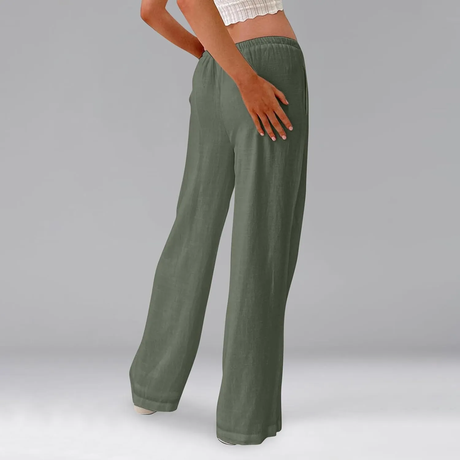 Womens Pants Wide Leg Linen Pants Drawstring High Waist Summer Beach Pant Lightweight Trouser with Pockets (S-2Xl)