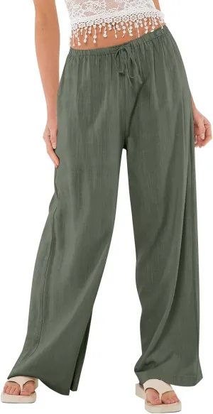 Womens Pants Wide Leg Linen Pants Drawstring High Waist Summer Beach Pant Lightweight Trouser with Pockets (S-2Xl)