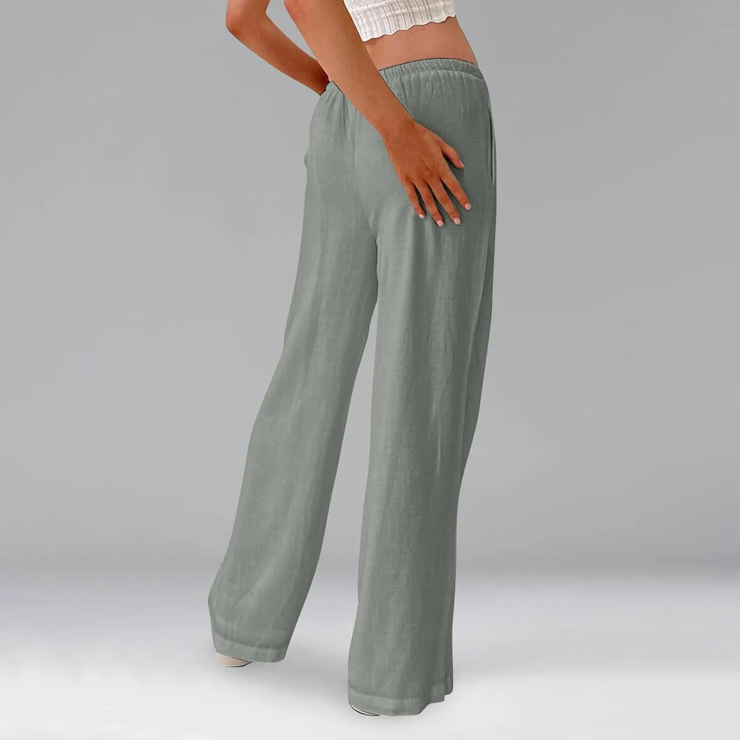 Womens Pants Wide Leg Linen Pants Drawstring High Waist Summer Beach Pant Lightweight Trouser with Pockets (S-2Xl)
