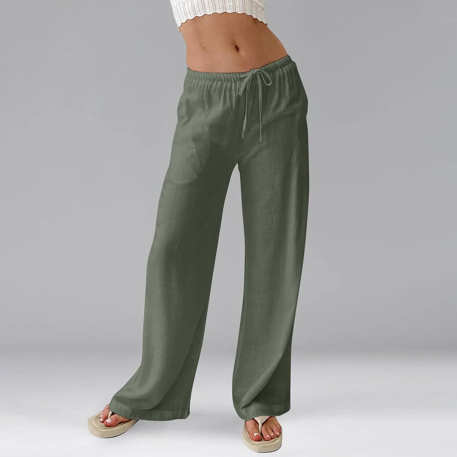 Womens Pants Wide Leg Linen Pants Drawstring High Waist Summer Beach Pant Lightweight Trouser with Pockets (S-2Xl)