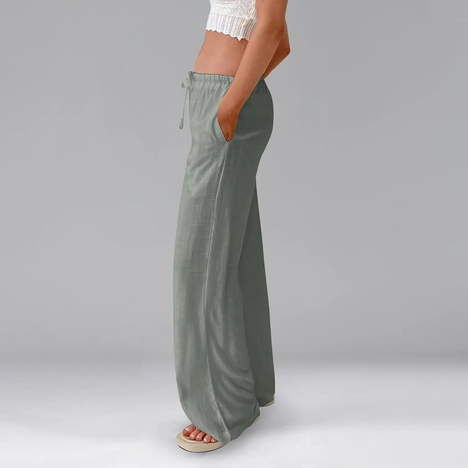 Womens Pants Wide Leg Linen Pants Drawstring High Waist Summer Beach Pant Lightweight Trouser with Pockets (S-2Xl)