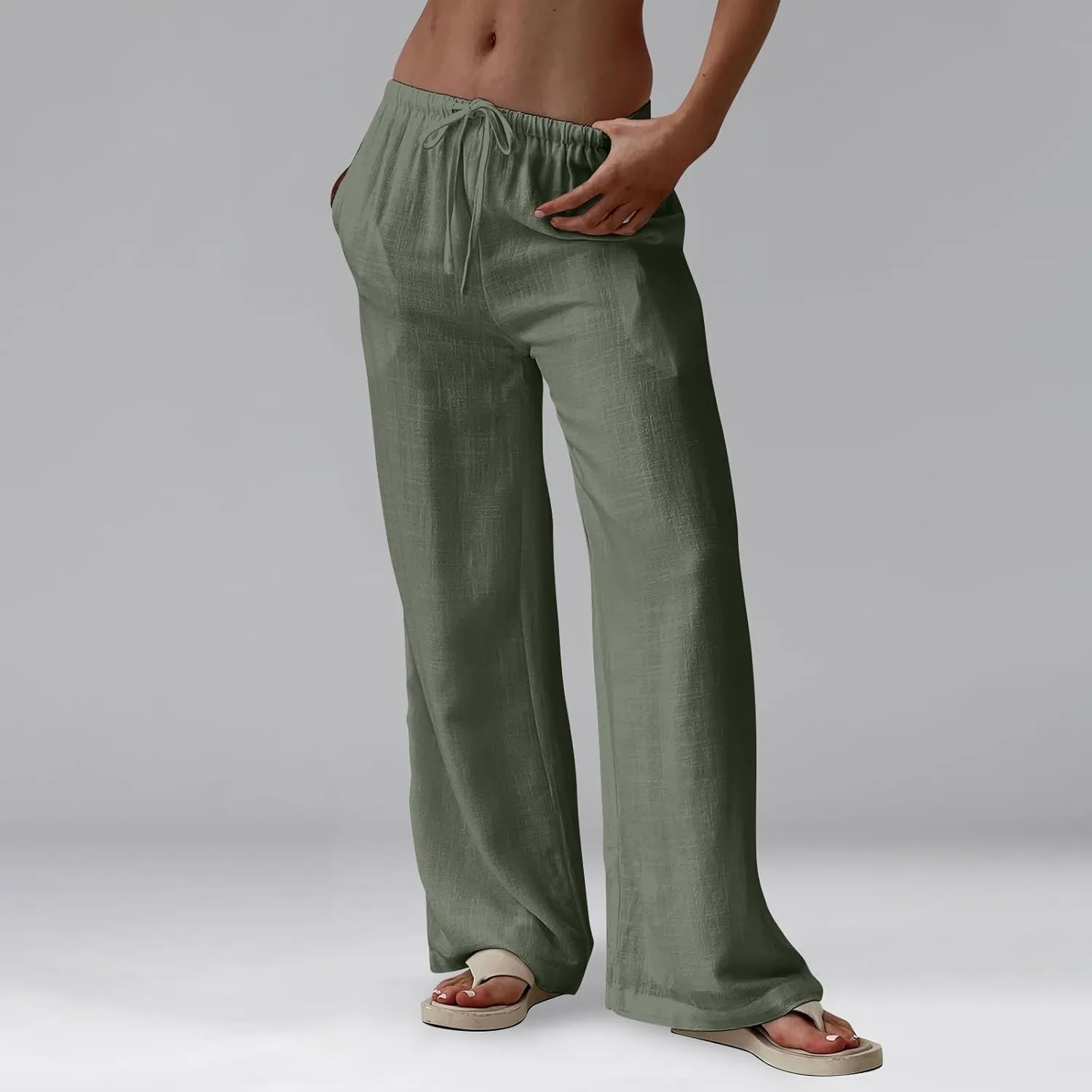 Womens Pants Wide Leg Linen Pants Drawstring High Waist Summer Beach Pant Lightweight Trouser with Pockets (S-2Xl)