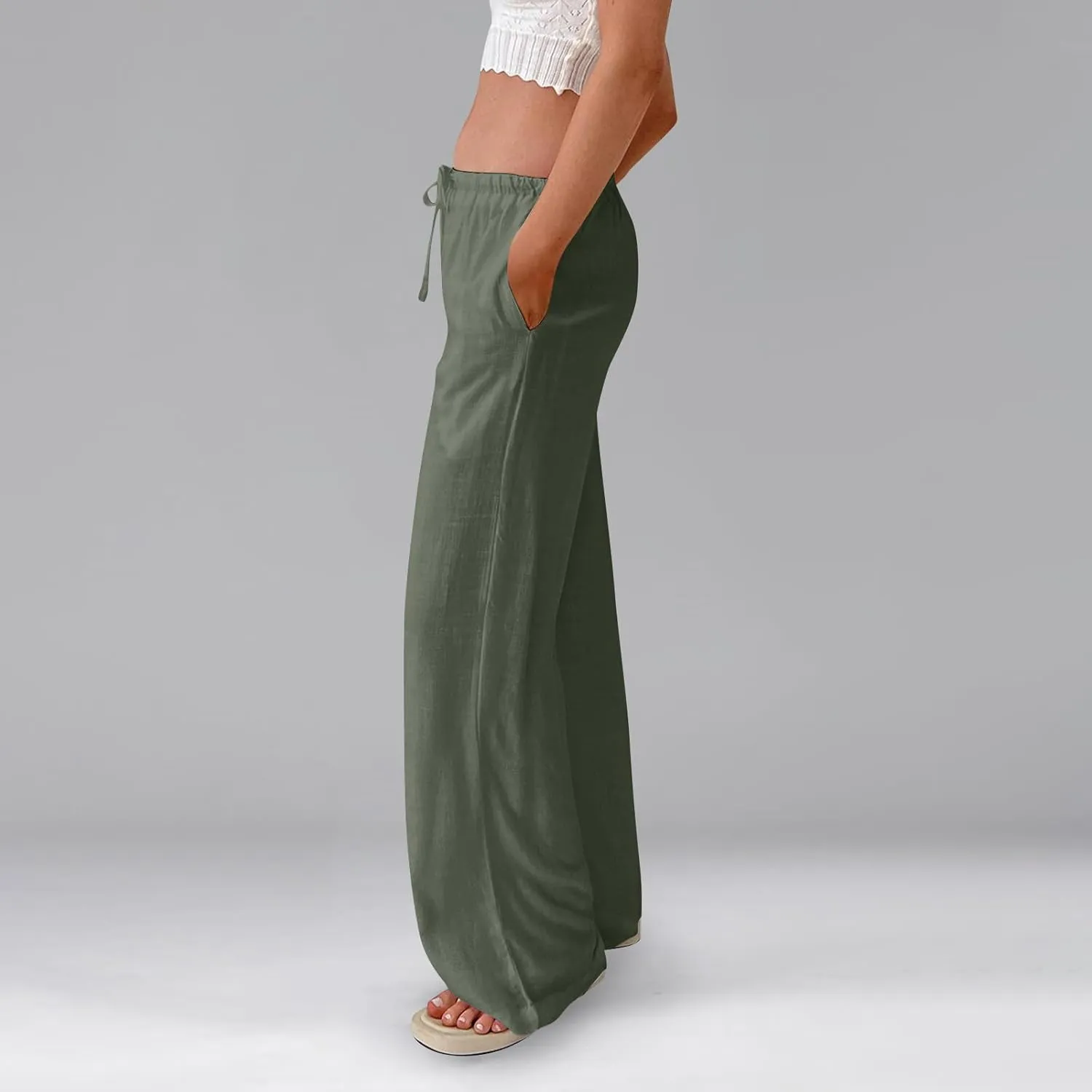 Womens Pants Wide Leg Linen Pants Drawstring High Waist Summer Beach Pant Lightweight Trouser with Pockets (S-2Xl)