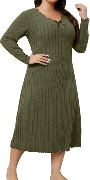 Women's Plus Size Ribbed Knit Midi Dress, Long Sleeve V-Neck Loose Casual Dresses Comfy Breathable Daily Clothes