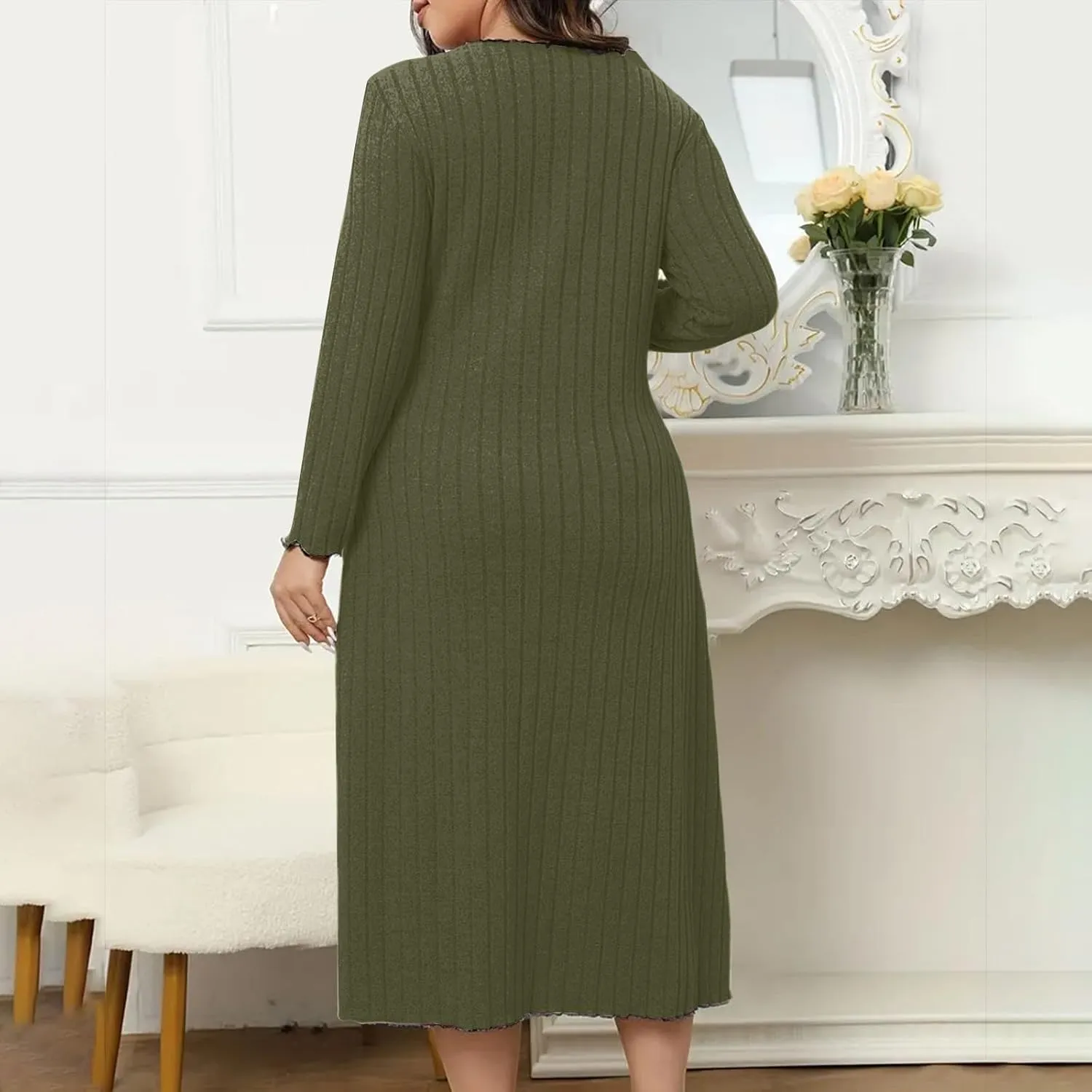 Women's Plus Size Ribbed Knit Midi Dress, Long Sleeve V-Neck Loose Casual Dresses Comfy Breathable Daily Clothes