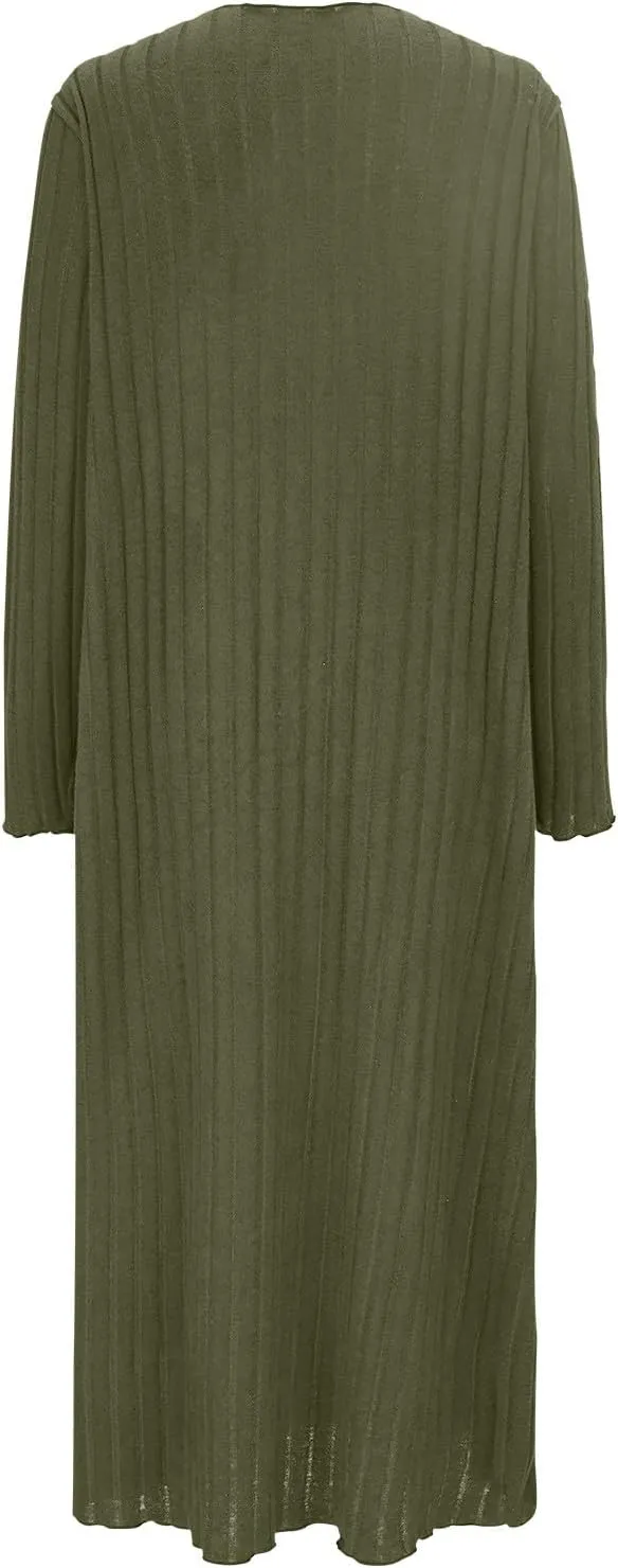 Women's Plus Size Ribbed Knit Midi Dress, Long Sleeve V-Neck Loose Casual Dresses Comfy Breathable Daily Clothes