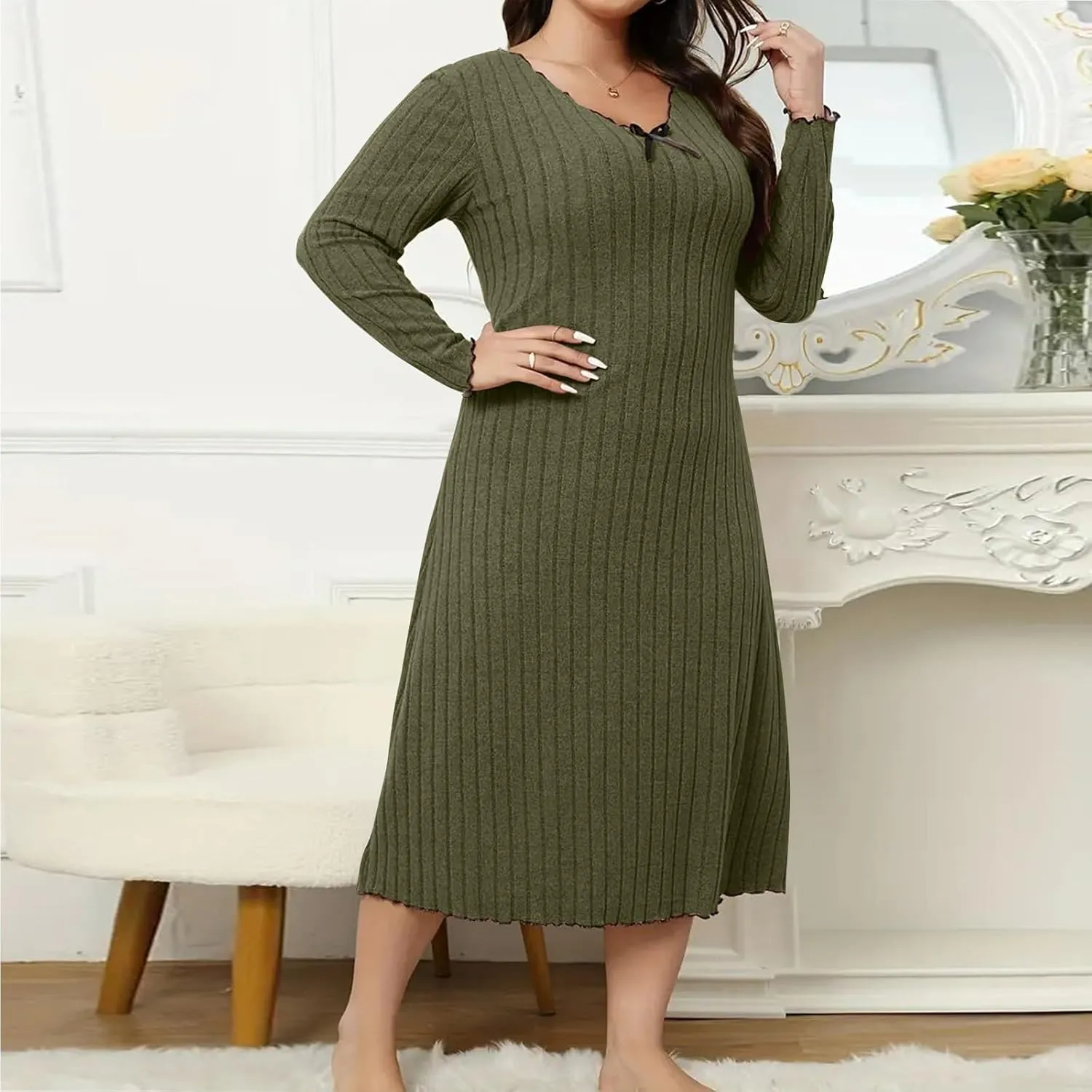 Women's Plus Size Ribbed Knit Midi Dress, Long Sleeve V-Neck Loose Casual Dresses Comfy Breathable Daily Clothes