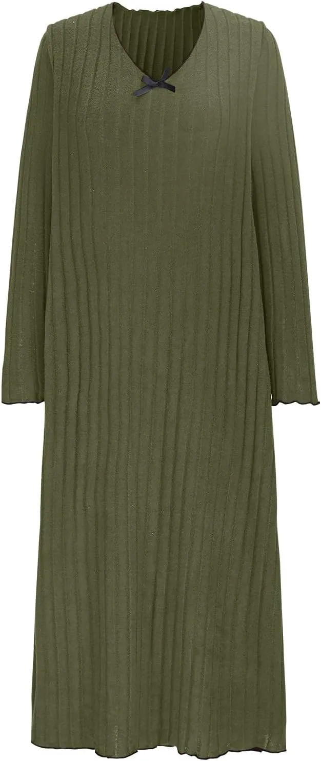 Women's Plus Size Ribbed Knit Midi Dress, Long Sleeve V-Neck Loose Casual Dresses Comfy Breathable Daily Clothes