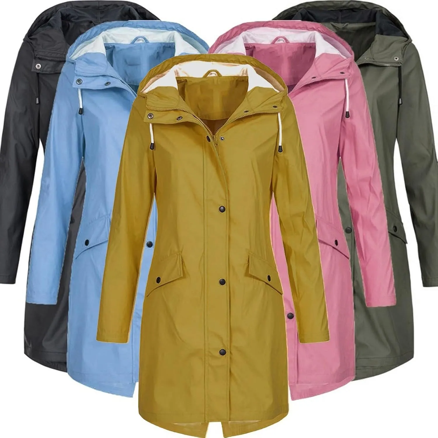 Womens Rain Jacket Waterproof Outdoor Rain Coats Lightweight Active Raincoat Windbreaker Long Hooded Trench Coat