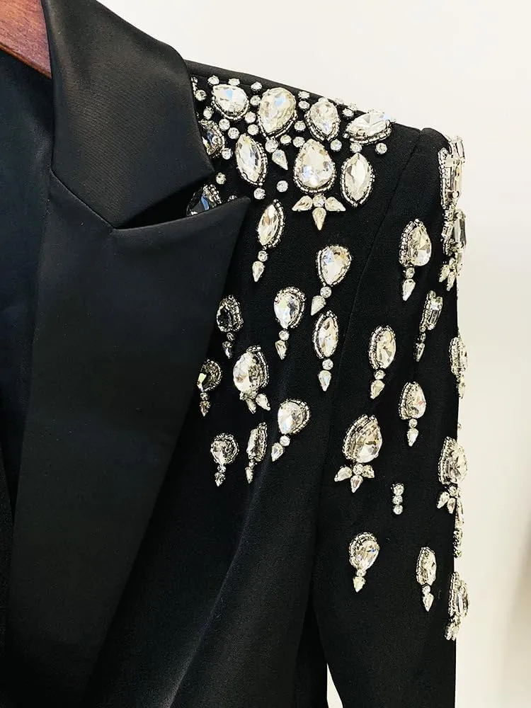 Women's Rhinestone Long Blazer Dress Jacket Luxury Handmade Diamond Satin Collar Double Breasted Women Suit Outfits