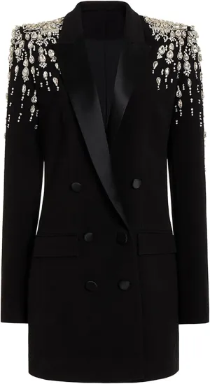 Women's Rhinestone Long Blazer Dress Jacket Luxury Handmade Diamond Satin Collar Double Breasted Women Suit Outfits