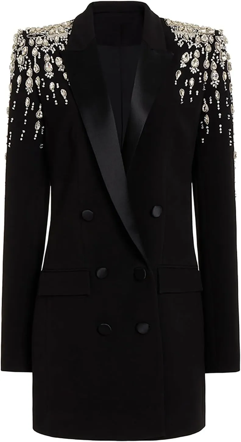 Women's Rhinestone Long Blazer Dress Jacket Luxury Handmade Diamond Satin Collar Double Breasted Women Suit Outfits