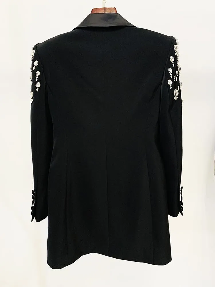 Women's Rhinestone Long Blazer Dress Jacket Luxury Handmade Diamond Satin Collar Double Breasted Women Suit Outfits