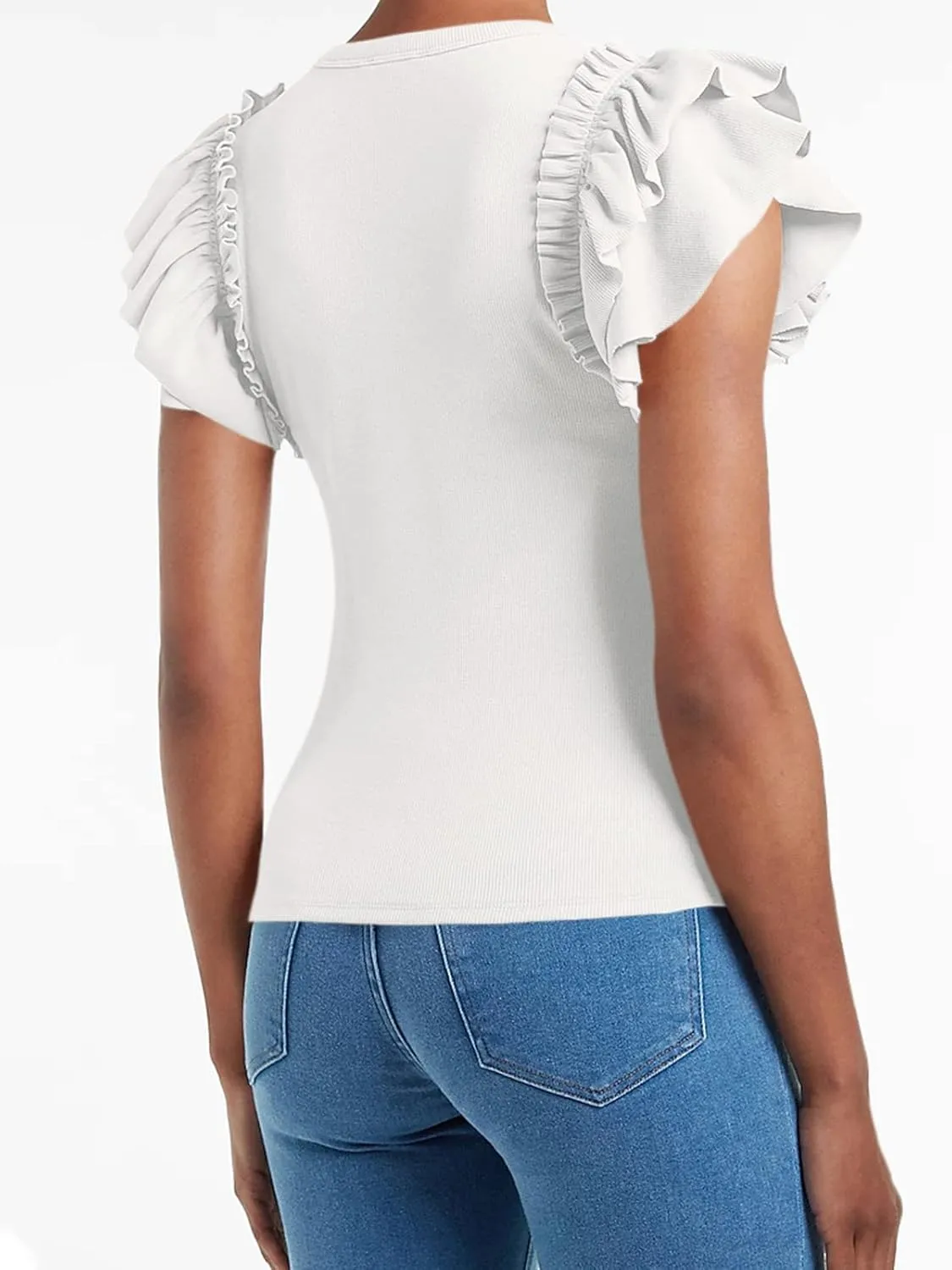 Womens Ruffle Tank Tops Summer Dressy Casual V Neck Slim Fit Ribbed Knit Sleeveless Shirts