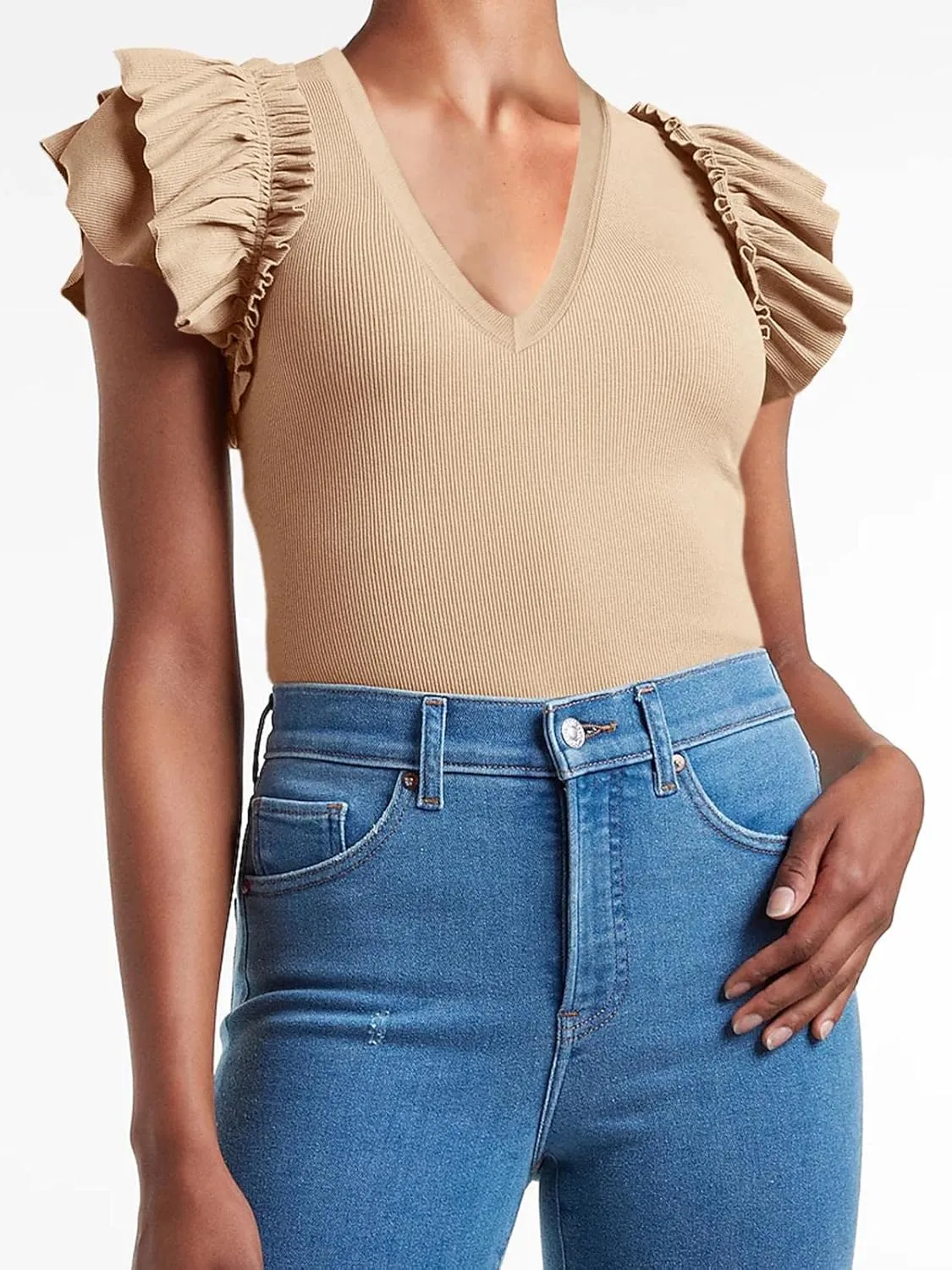 Womens Ruffle Tank Tops Summer Dressy Casual V Neck Slim Fit Ribbed Knit Sleeveless Shirts
