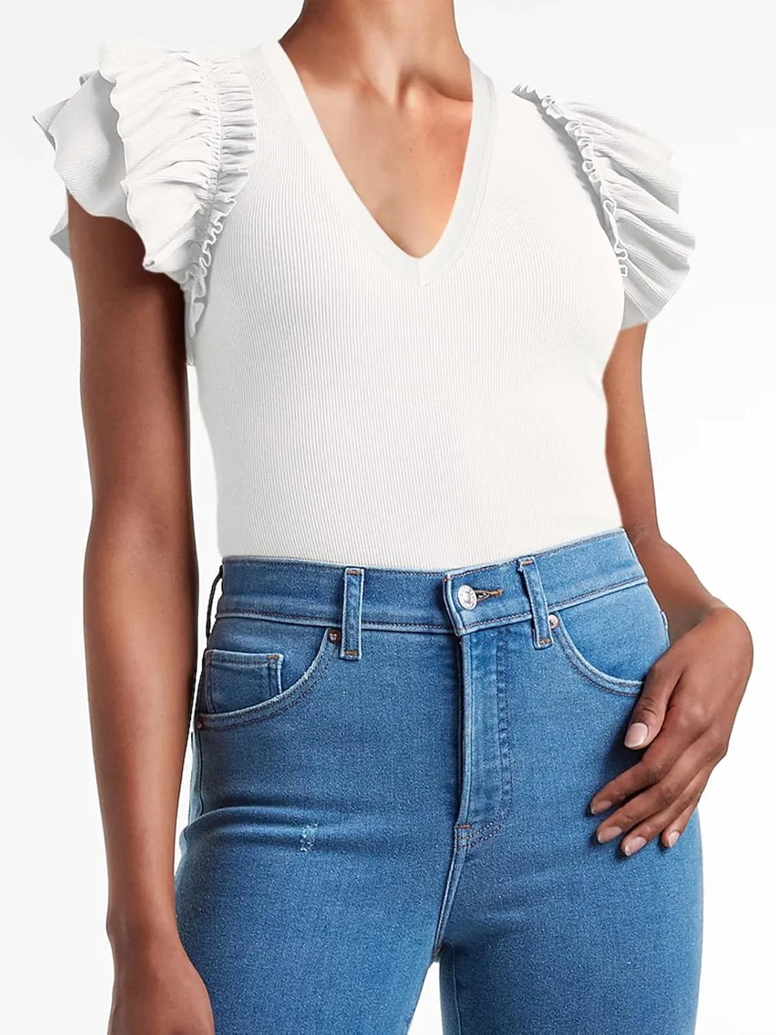 Womens Ruffle Tank Tops Summer Dressy Casual V Neck Slim Fit Ribbed Knit Sleeveless Shirts