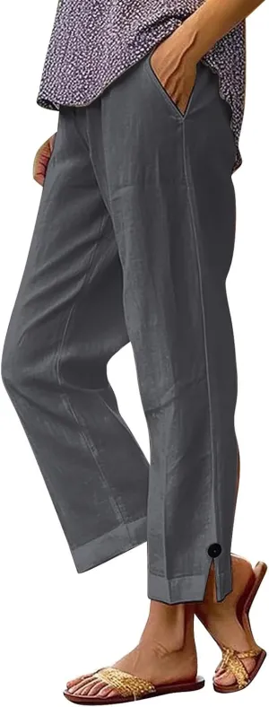 Women's Solid Cotton Linen Straight Pants Wide Leg Trouser with Buttons Classic Breathable Elastic Summer Casual Trousers