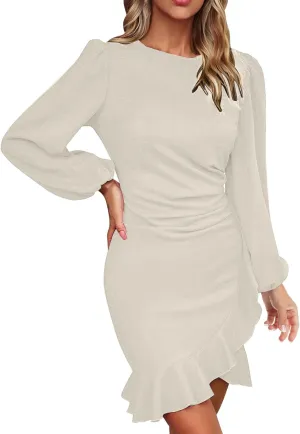 Women's Spring Casual Dress Ruffle Hem Elegant Flowy Vacation Gown 2025 Solid Short Sleeve Crewneck Mini Dresses