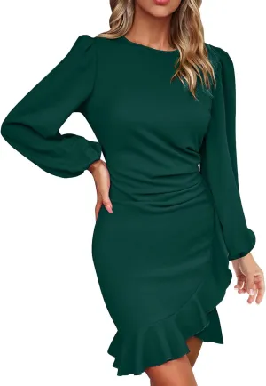 Women's Spring Casual Dress Ruffle Hem Elegant Flowy Vacation Gown 2025 Solid Short Sleeve Crewneck Mini Dresses