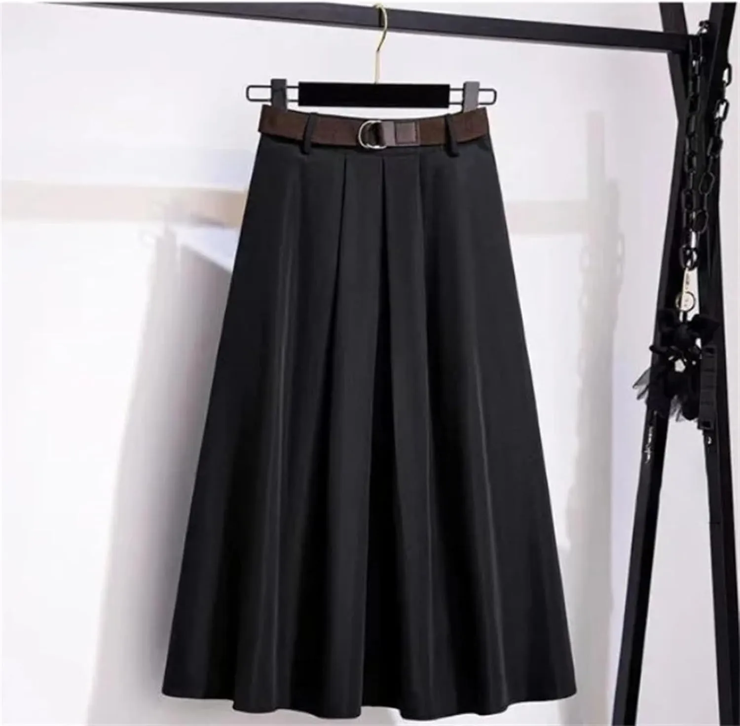 Women's Spring Solid Color A-Line Midi Skirt  High Waist Casual Versatile Skirt with Belt