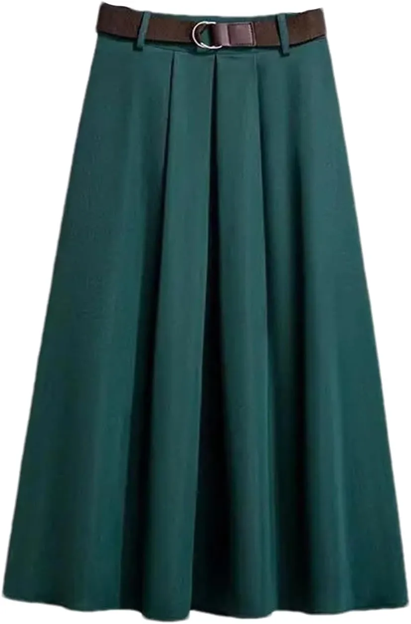Women's Spring Solid Color A-Line Midi Skirt  High Waist Casual Versatile Skirt with Belt