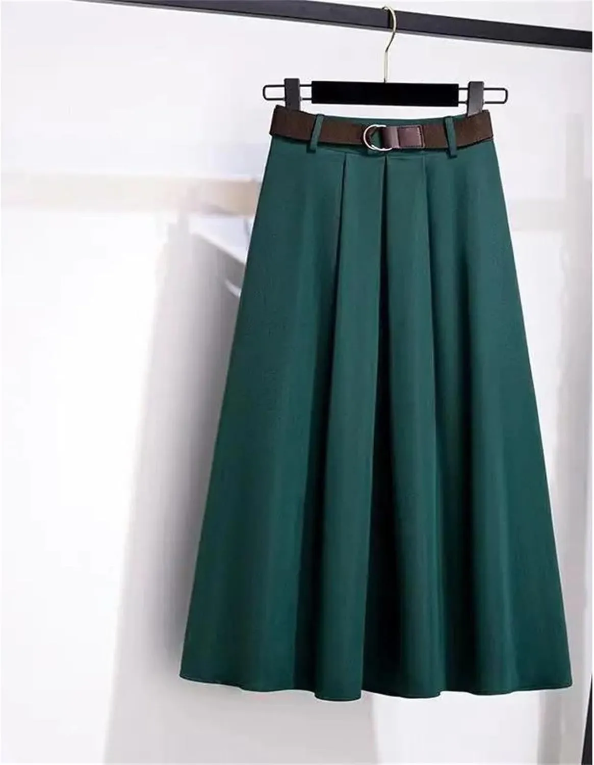 Women's Spring Solid Color A-Line Midi Skirt  High Waist Casual Versatile Skirt with Belt