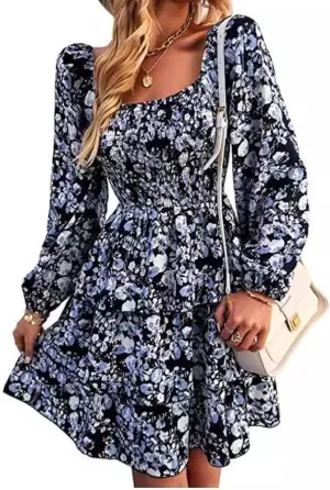 Womens Square Neck Smocked Dresses 2025 Summer Long Sleeve Floral Print Mini Ruffle Trim Dress Boho Wedding Guest Dress