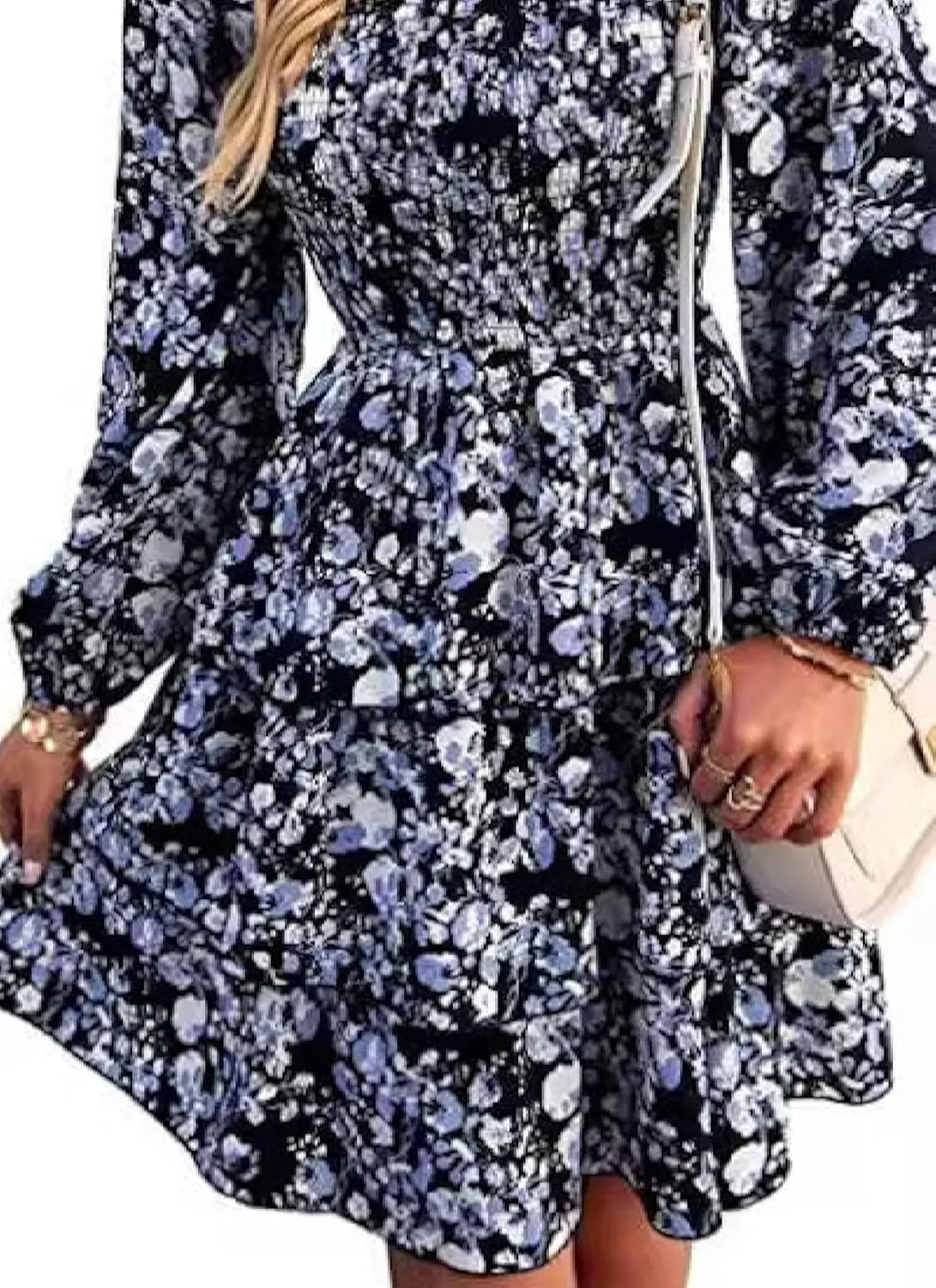 Womens Square Neck Smocked Dresses 2025 Summer Long Sleeve Floral Print Mini Ruffle Trim Dress Boho Wedding Guest Dress