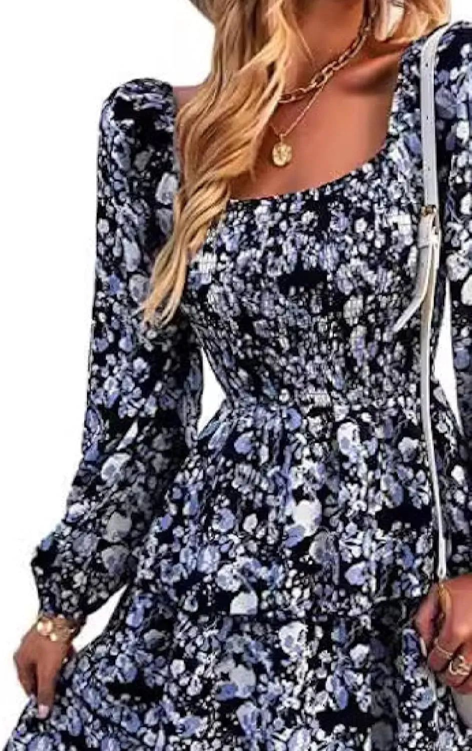 Womens Square Neck Smocked Dresses 2025 Summer Long Sleeve Floral Print Mini Ruffle Trim Dress Boho Wedding Guest Dress