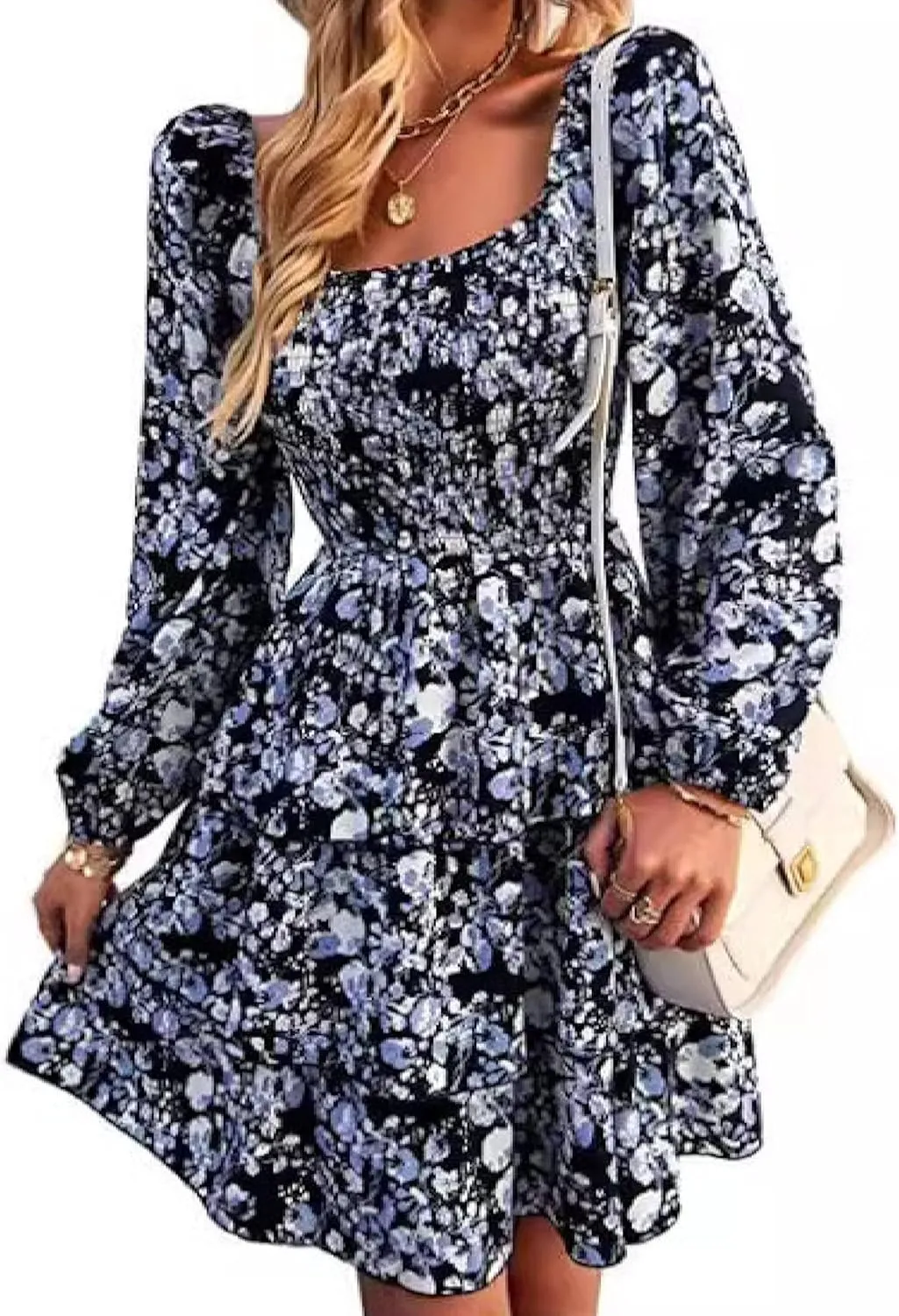 Womens Square Neck Smocked Dresses 2025 Summer Long Sleeve Floral Print Mini Ruffle Trim Dress Boho Wedding Guest Dress