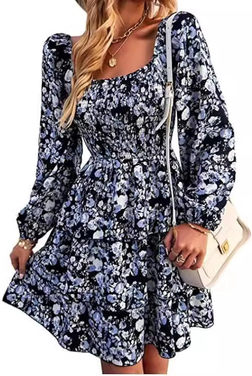 Womens Square Neck Smocked Dresses 2025 Summer Long Sleeve Floral Print Mini Ruffle Trim Dress Boho Wedding Guest Dress