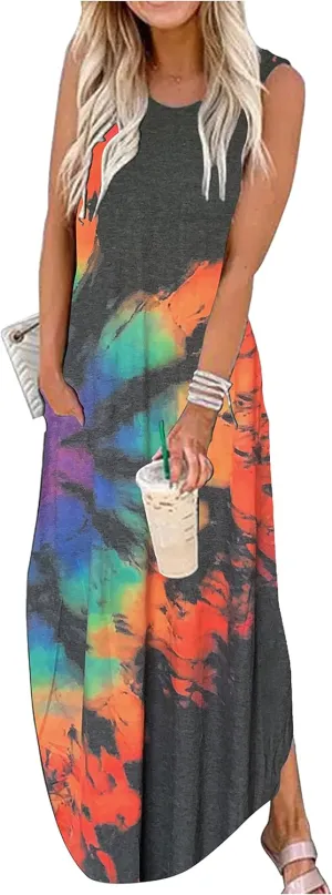 Women's Summer Beach Long Dress Sleeveless Maxi Dress with Pockets Hawaiian Beach Rainbow Graphics Tank Shirt Dresses