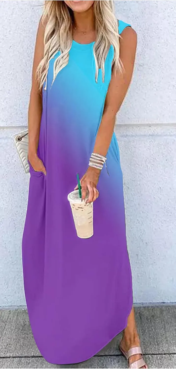 Women's Summer Beach Long Dress Sleeveless Maxi Dress with Pockets Hawaiian Beach Rainbow Graphics Tank Shirt Dresses