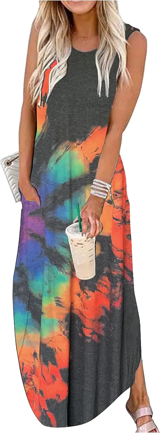 Women's Summer Beach Long Dress Sleeveless Maxi Dress with Pockets Hawaiian Beach Rainbow Graphics Tank Shirt Dresses
