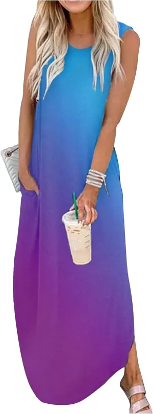 Women's Summer Beach Long Dress Sleeveless Maxi Dress with Pockets Hawaiian Beach Rainbow Graphics Tank Shirt Dresses