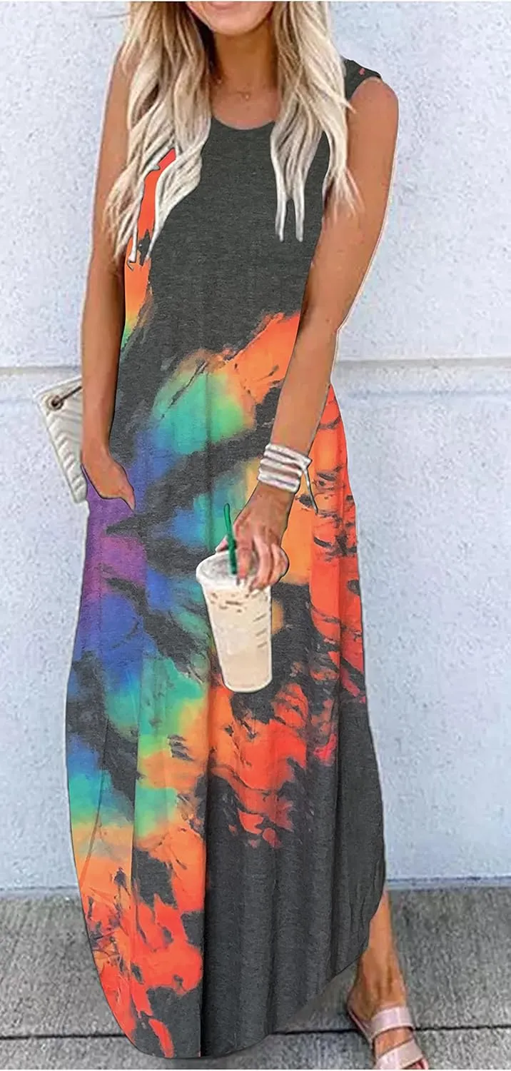 Women's Summer Beach Long Dress Sleeveless Maxi Dress with Pockets Hawaiian Beach Rainbow Graphics Tank Shirt Dresses