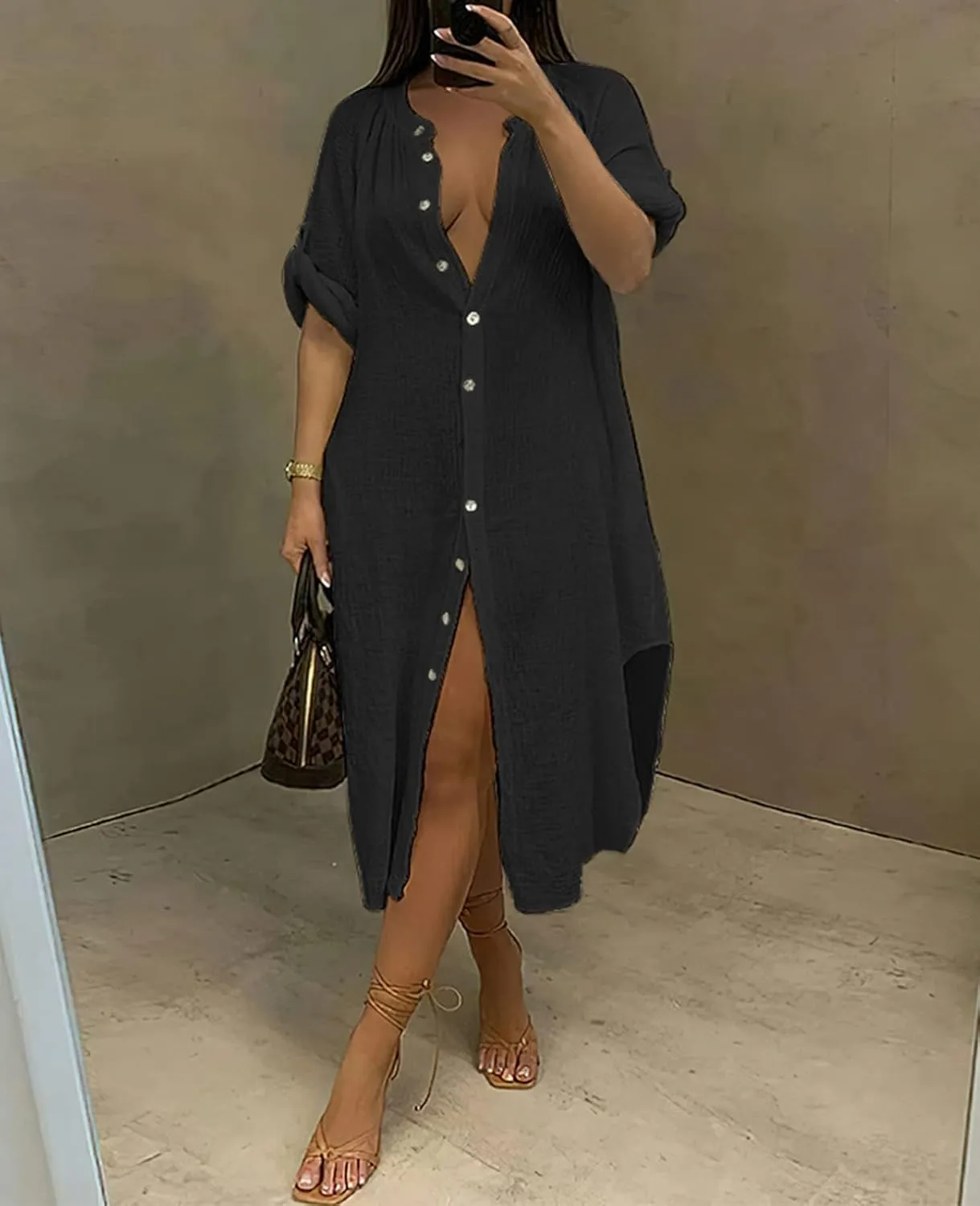 Womens Summer Button Down Rolled-Up Sleeve Loose Casual Side Split Shirt Dresses Swimsuit Cover Ups