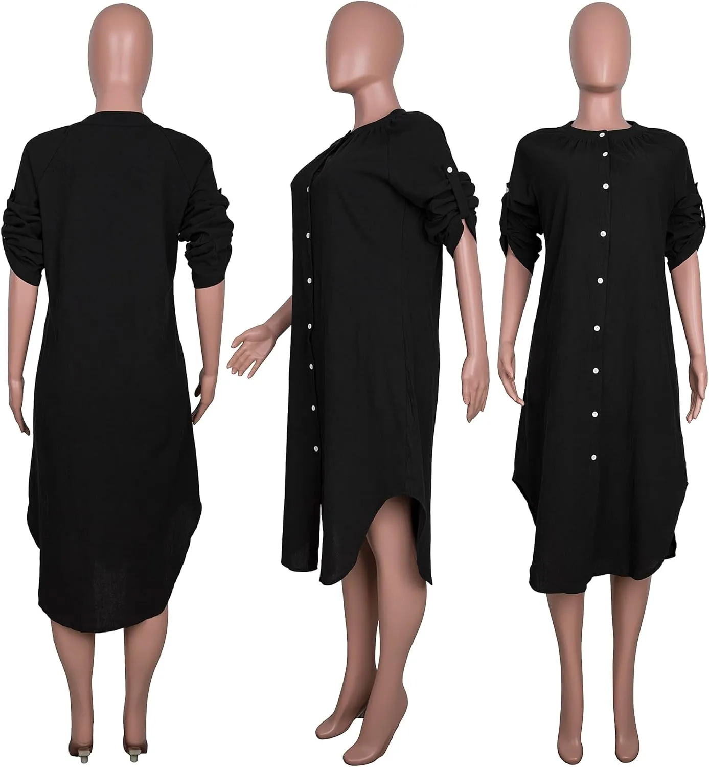 Womens Summer Button Down Rolled-Up Sleeve Loose Casual Side Split Shirt Dresses Swimsuit Cover Ups