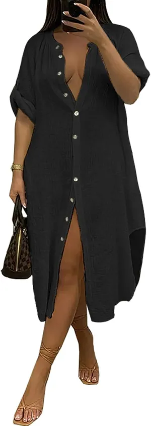 Womens Summer Button Down Rolled-Up Sleeve Loose Casual Side Split Shirt Dresses Swimsuit Cover Ups