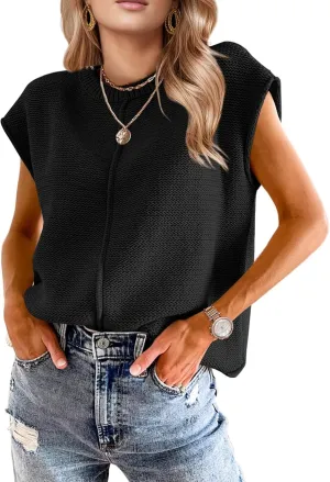 Womens Summer Cap Sleeve Tops 2025 Trendy Loose Knit Sweater Vests Cute Shirts Outfits Spring Fall Casual Tops