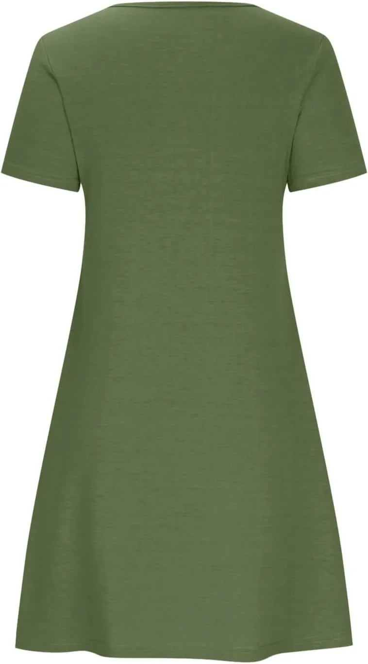 Womens Summer Casual Solid Dresses Beach Vacation Dresses Short Sleeve Tshirt Mini Dress with Pockets