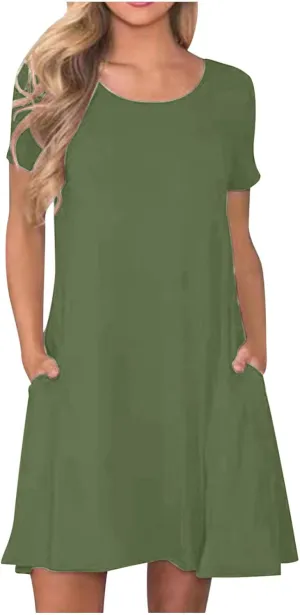 Womens Summer Casual Solid Dresses Beach Vacation Dresses Short Sleeve Tshirt Mini Dress with Pockets