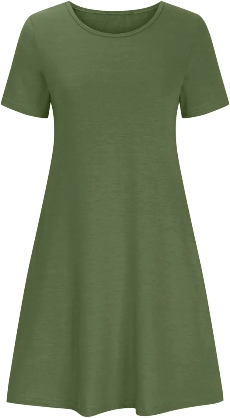 Womens Summer Casual Solid Dresses Beach Vacation Dresses Short Sleeve Tshirt Mini Dress with Pockets