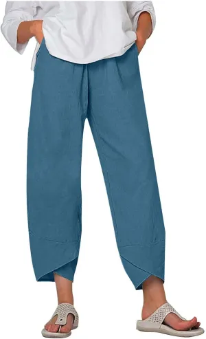 Women's Summer Cotton Linen Capri Pants Casual High Waist Cropped Trouser Tapered Leg Sweatpants Loose Workout Pants